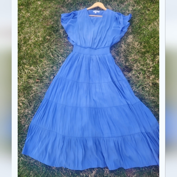 Chicos PETITE Flutter SLEEVE Tiered Elegant Blue Maxi Dress SZ 000 size Xs - Picture 7 of 8